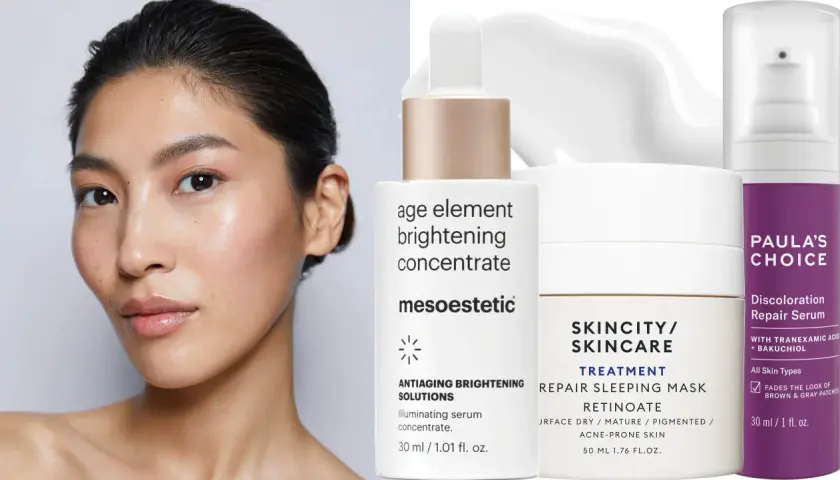 Ansiktsbehandling för melasma med serum från Mesoestetic och Paula's Choice.