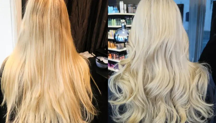 Före och efterbild på hår som fått bort gula toner. Från varmt blont till kallare, ljusare nyans.