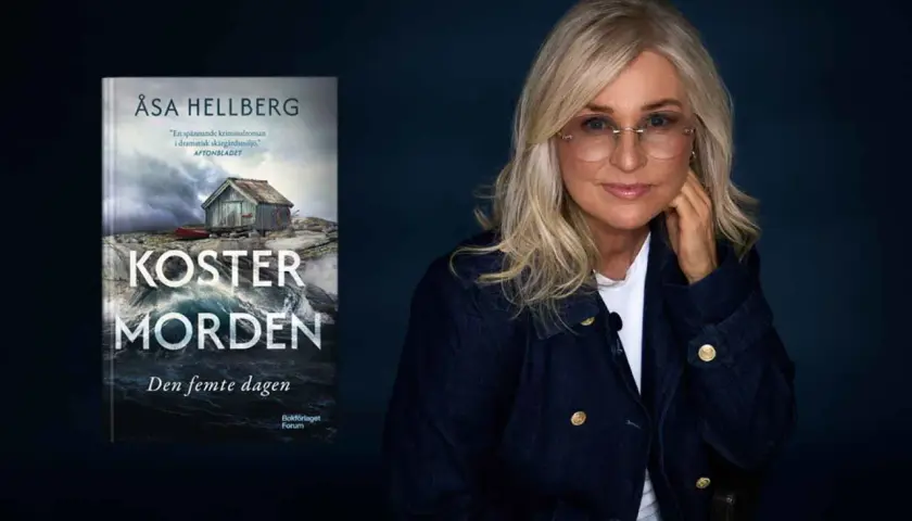 Åsa Hellberg, författare till "Koster Morden", poserar bredvid sin bok.
