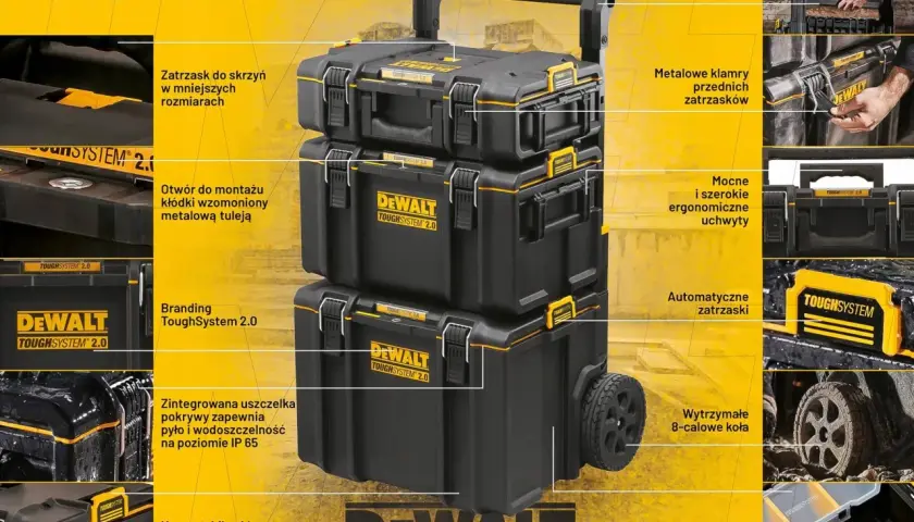 Solidne skrzynki narzędziowe DeWalt ToughSystem 2.0 z wytrzymałymi kołami i zintegrowaną uszczelką.