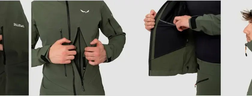 Mężczyzna w zielonej kurtce softshell. Detale: zamki, logo Salewa, kaptur. Czy softshell jest nieprzemakalny? Sprawdź sam!