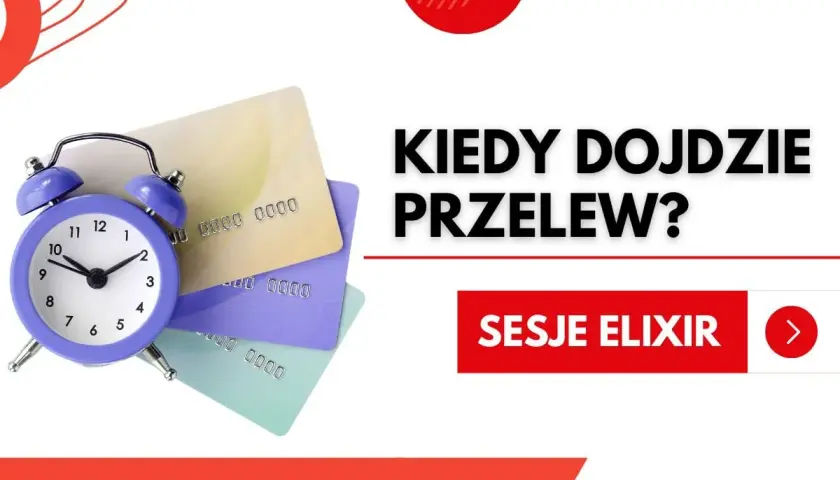 Budzik i karty płatnicze obok pytania "Kiedy dojdzie przelew?". Informacja o sesjach ELIXIR, pomocna przy przelewach przychodzących PKO.