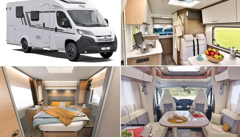 Camping-car 7m avec lit central confortable, cuisine fonctionnelle et coin repas convivial. Parfait pour vos escapades.