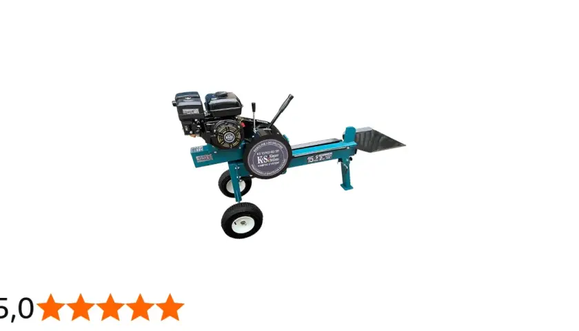 Ein kinetischer holzspalter mit Benzinmotor und Rädern, bereit für den Einsatz.