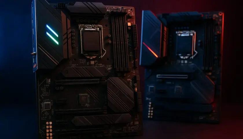 Deux cartes mères modernes, éclairées par des LED bleues et rouges. La taille carte mère est standard pour un PC gamer.