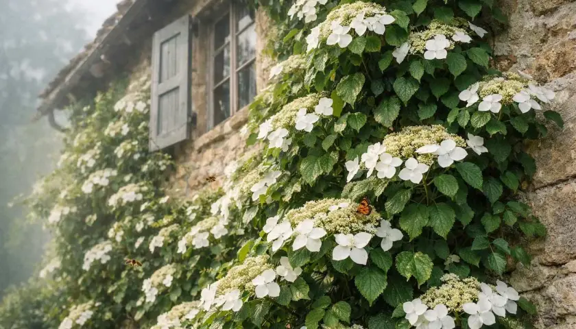 Vacker klätterhortensia klättrar på en stenvägg med ett fönster. Fjärilar och bin besöker de vita blommorna, en idyllisk scen med olika hortensia sorter.