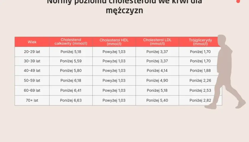 Tabela norm cholesterolu całkowitego, HDL, LDL i trójglicerydów dla mężczyzn. Poziom homocysteiny nie jest tu uwzględniony, ale warto pamiętać o jego kontroli.