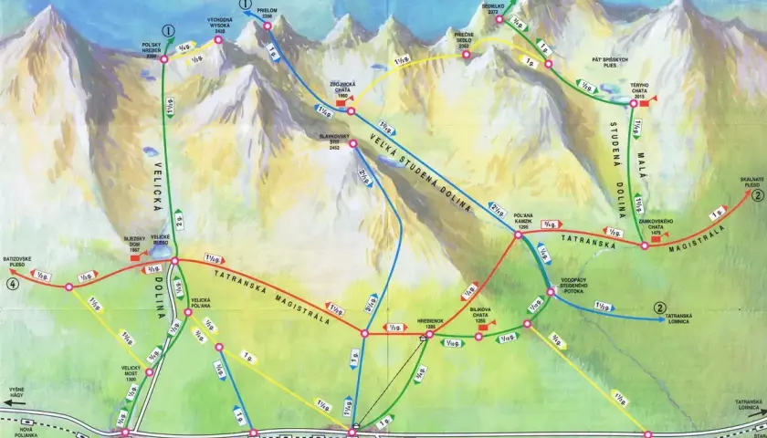 Mapa turystyczna słowackich Tatr z zaznaczonymi najpiękniejszymi szlakami w Dolinach Wielickiej, Staroleśnej i Zimnej Wody.