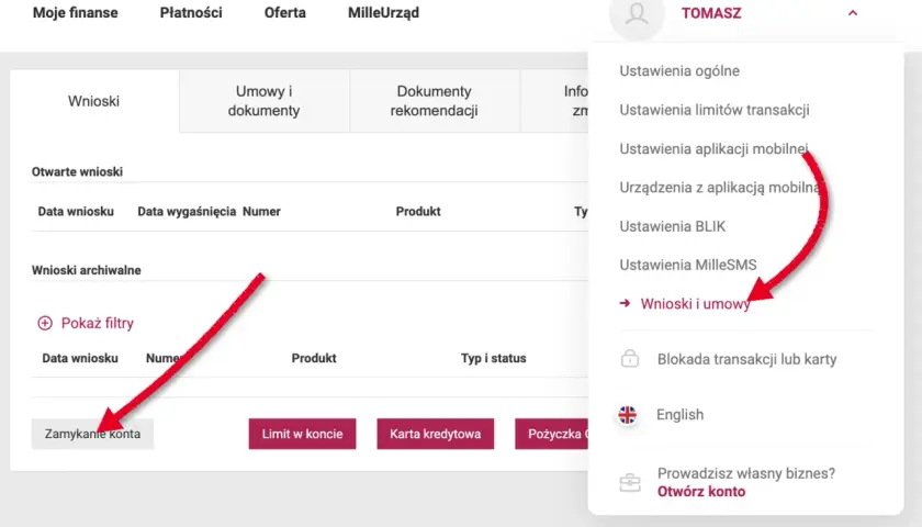 Zamykanie konta w banku Millennium. Kliknij "Wnioski i umowy", aby przejść do zarządzania wnioskami.