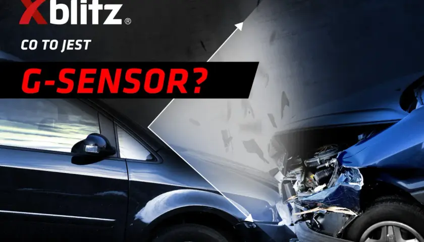 Xblitz pyta: g sensor co to? Obraz przedstawia dwa samochody, jeden cały, drugi po wypadku.