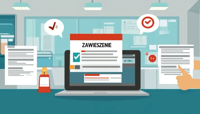 Dokument "Zawieszenie" na ekranie laptopa, obok dokumenty i symbol akceptacji. To może być etap przed zawieszeniem działalności a konto firmowe.