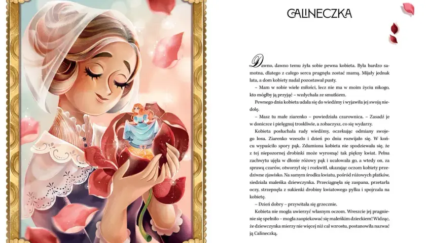 Ilustracja z "Hans Christian Andersen opowiadania": kobieta trzyma w dłoniach pąk róży, z którego wyłania się Calineczka.