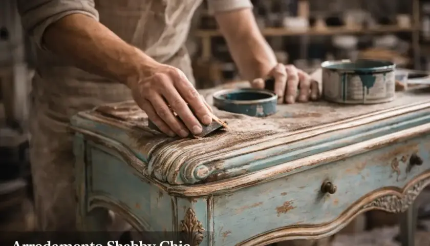 Mani esperte levigano un mobile antico per restaurarlo in stile shabby.