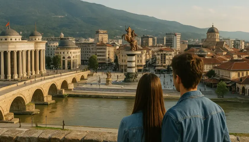 Para młoda podziwia panoramę Skopje, idealne miejsce na macedonia wakacje. Widok na kamienny most, rzekę i plac z pomnikiem.