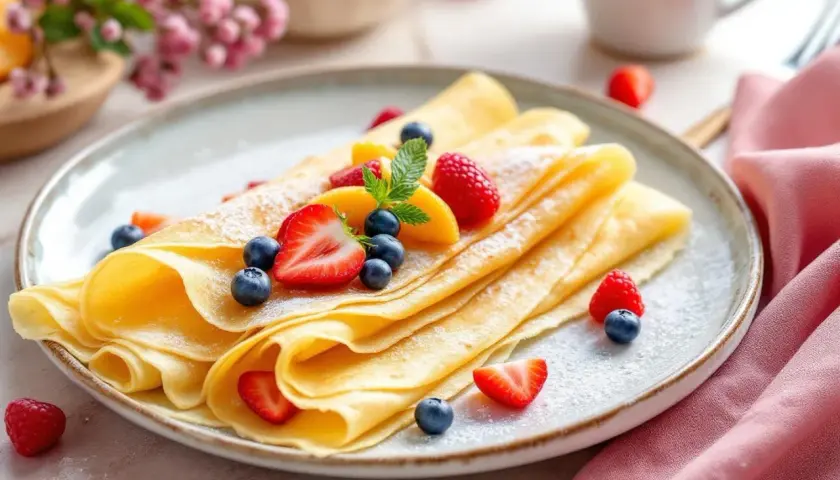 Crêpes dorées garnies de fruits rouges et de menthe, parfaites pour une recette pâte à crêpe facile sans repos.