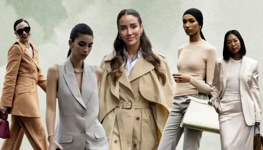 Cinco mujeres con atuendos elegantes y discretos, encarnando el lujo silencioso.