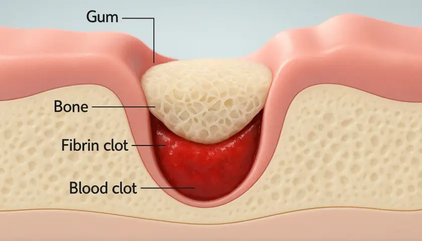 Sezione della gengiva dopo estrazione dente: coagulo di sangue e fibrina nel cavo osseo.