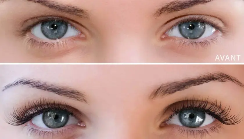 Avant/Après : des yeux bleus magnifiés par une extension de cils différente pose, pour un regard intense et glamour.