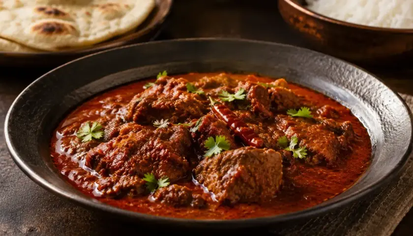 En mustig köttgryta med en rik, röd sås, toppad med koriander och en torkad chili. Perfekt för ett autentiskt vindaloo recept.