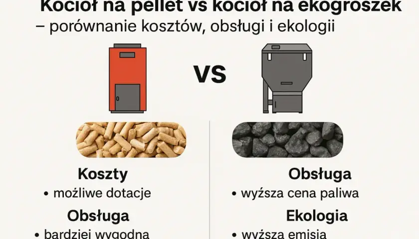 Porównanie: co lepsze piec na pellet czy ekogroszek? Pellet: niższe koszty, łatwiejsza obsługa. Ekogroszek: droższy, wyższa emisja.