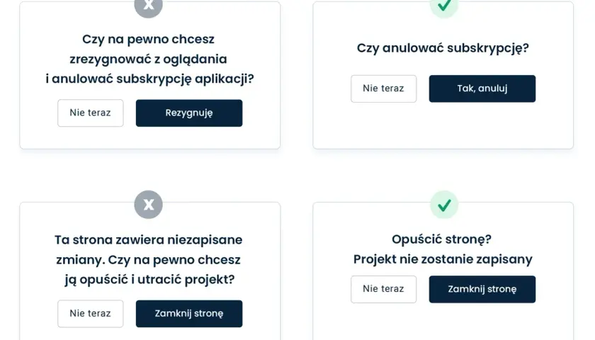 Przykłady komunikatów potwierdzających, które mógł stworzyć ux writer: anulowanie subskrypcji, rezygnacja z oglądania, opuszczenie strony z niezapisanymi zmianami.