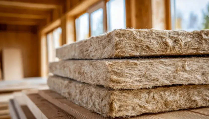 Pannelli isolanti per soffitto a vista, in attesa di essere installati in una nuova costruzione con travi in legno a vista.