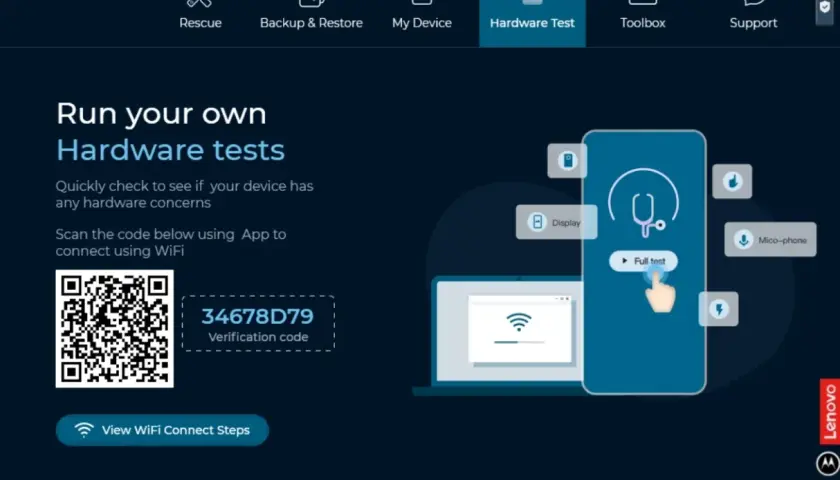 Jak zrobic @ na laptopie Lenovo? Użyj aplikacji Rescue and Smart Assistant do testów sprzętu. Zeskanuj kod QR, aby połączyć się przez WiFi.