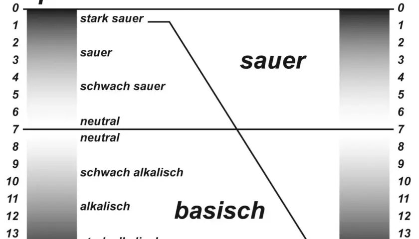 pH-Skala von 0-14. Saures Milieu (links) reicht von stark sauer bis schwach sauer. Basisches Milieu (rechts) von schwach alkalisch bis stark alkalisch. Sauerkrautsaft ist basisch.