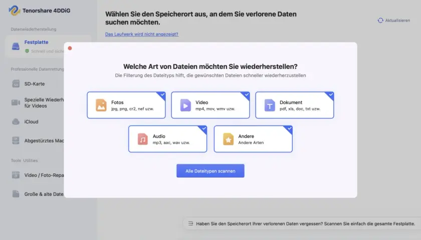 Datenrettungsprogramm: Festplatte auswählen, um verlorene Daten wiederherzustellen. Fotos, Videos, Dokumente oder Audio wiederherstellen.
