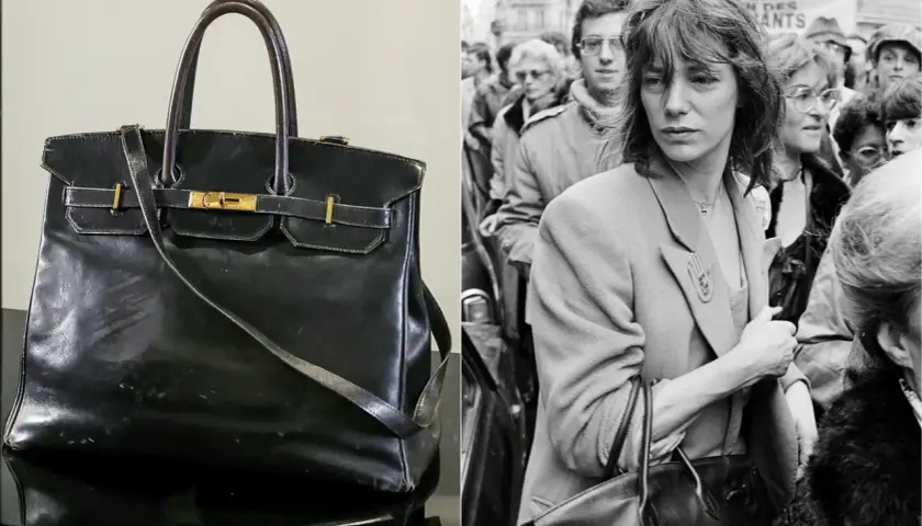 Czarna, skórzana torba, być może najdroższa torebka na świecie, obok Jane Birkin w tłumie.