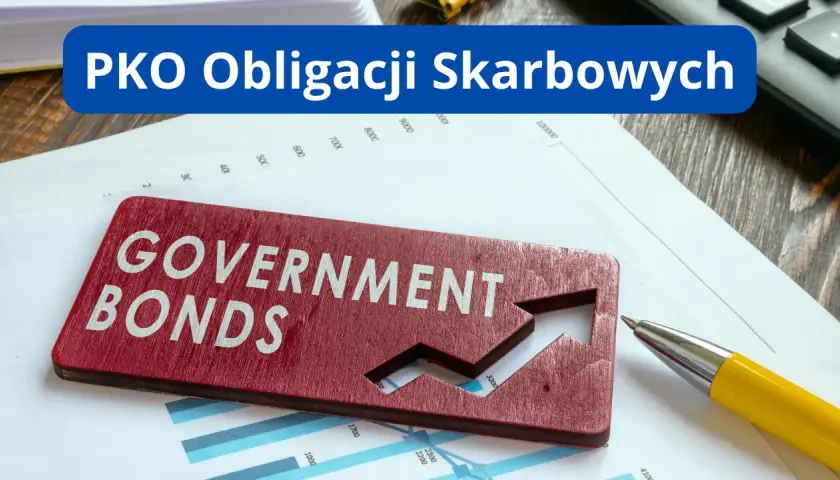 PKO Obligacji Skarbowych. Czerwona tabliczka "GOVERNMENT BONDS" z rosnącą strzałką na wykresie. Sprawdź oprocentowanie PKO BP.