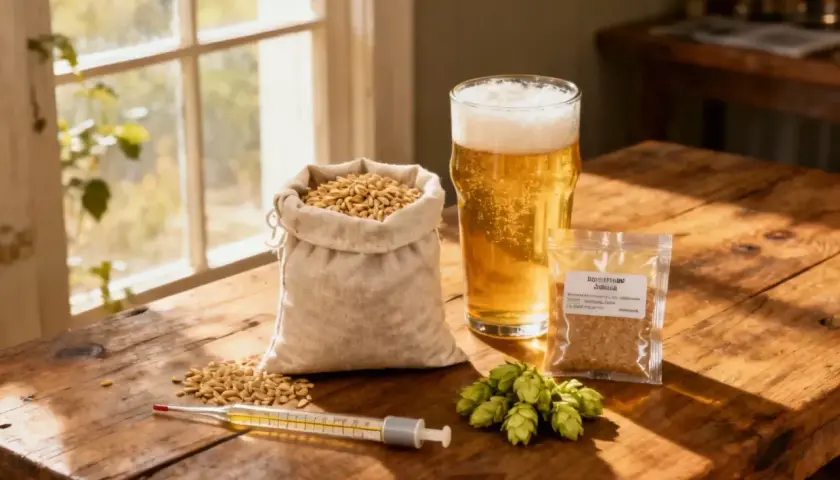 Verre de bière dorée, sac de grains, cônes de houblon jardin et thermomètre sur une table en bois.