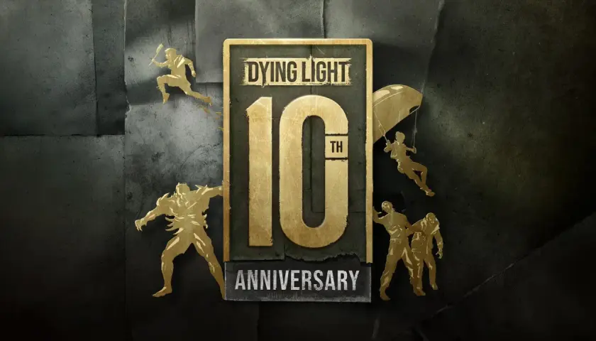 Złote sylwetki postaci z gry Dying Light świętują 10. rocznicę. Widoczni biegacze, skoczek na spadochronie i walczący.
