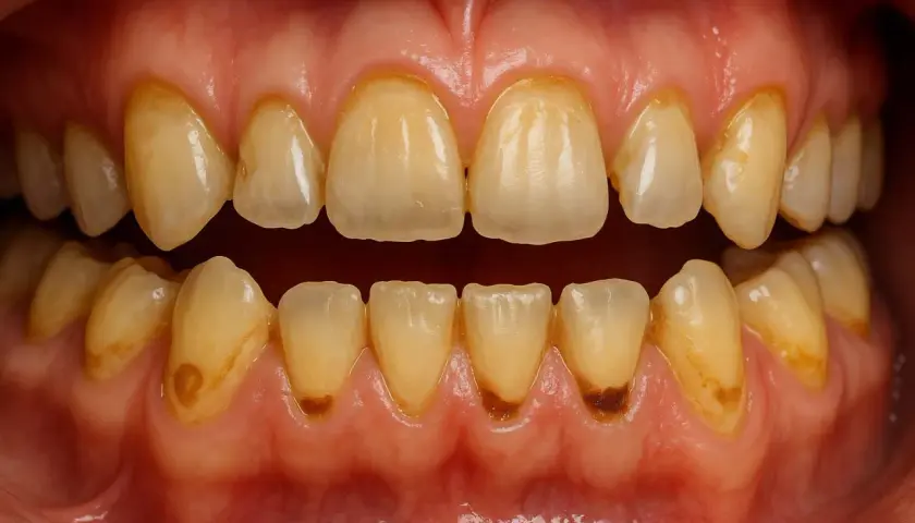Denti ingialliti e con evidenti segni di **denti corrosi** alla base, che necessitano di cure.