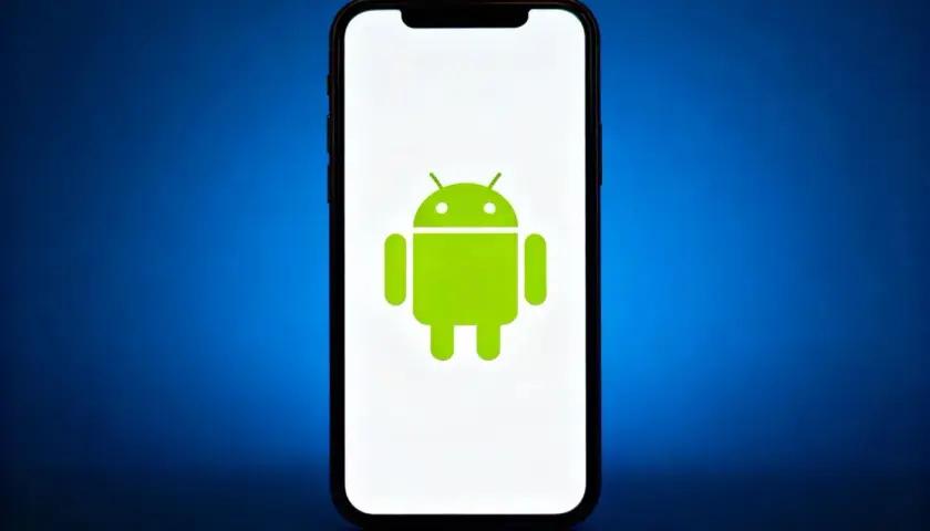 Smartfon z logo Androida. Dowiedz się, jak sprawdzić czas spędzony na telefonie android, aby lepiej zarządzać swoim cyfrowym życiem.