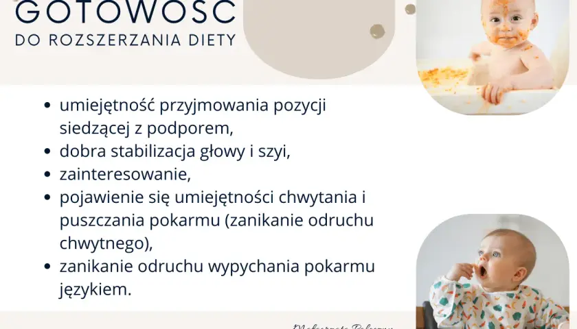 Gotowość do rozszerzania diety u 6-miesięcznego dziecka: siedzenie z podparciem, stabilna głowa, zainteresowanie jedzeniem i zanik odruchów.