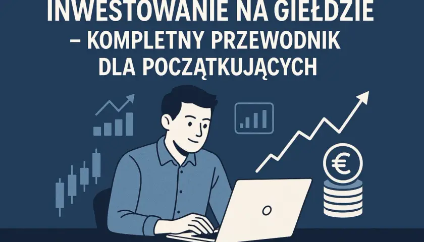 Mężczyzna uczy się inwestowania na giełdzie przy laptopie. Grafiki pokazują wzrosty i monety euro.