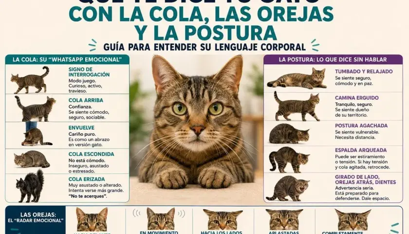 Guía para entender el lenguaje corporal de los gatos: cola, orejas y postura. Ilustra cómo los felinos comunican sus emociones.