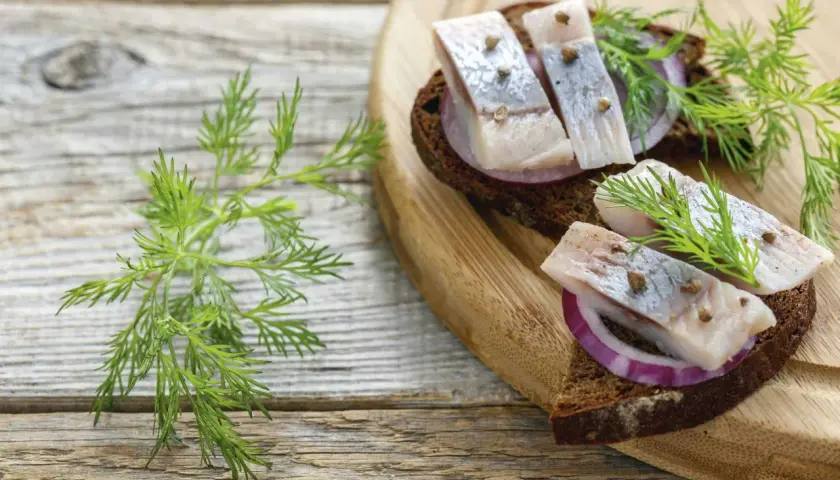 Smörgåsar med sill, rödlök och dill på mörkt bröd. Sill nyttigt och gott!