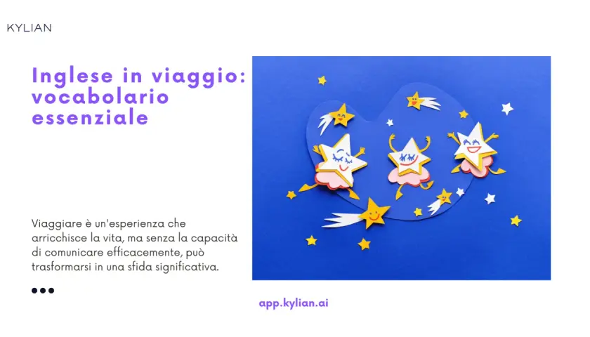 Stelle danzanti su sfondo blu, con testo "Inglese in viaggio: vocabolario essenziale". Impara il travel vocabulary per viaggiare senza pensieri!