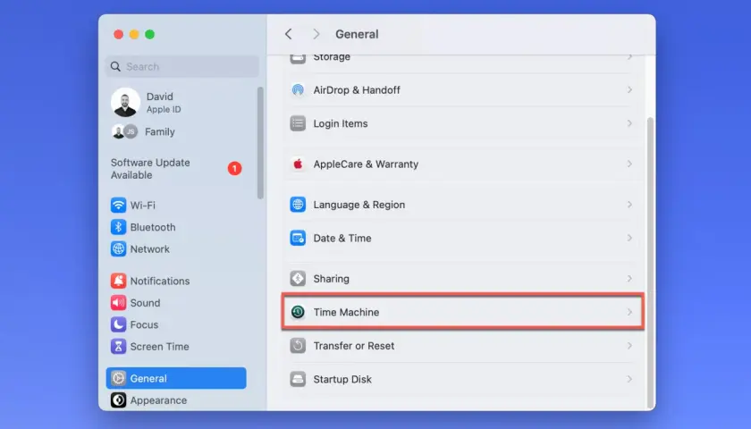 Einstellungen: Time Machine, die externe Festplatte für Backups.