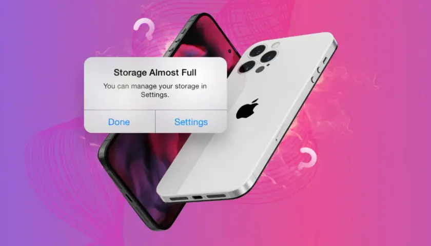 Komunikat "Storage Almost Full" na iPhonie. Dowiedz się, jak zwolnić miejsce na iPhonie, klikając "Settings".