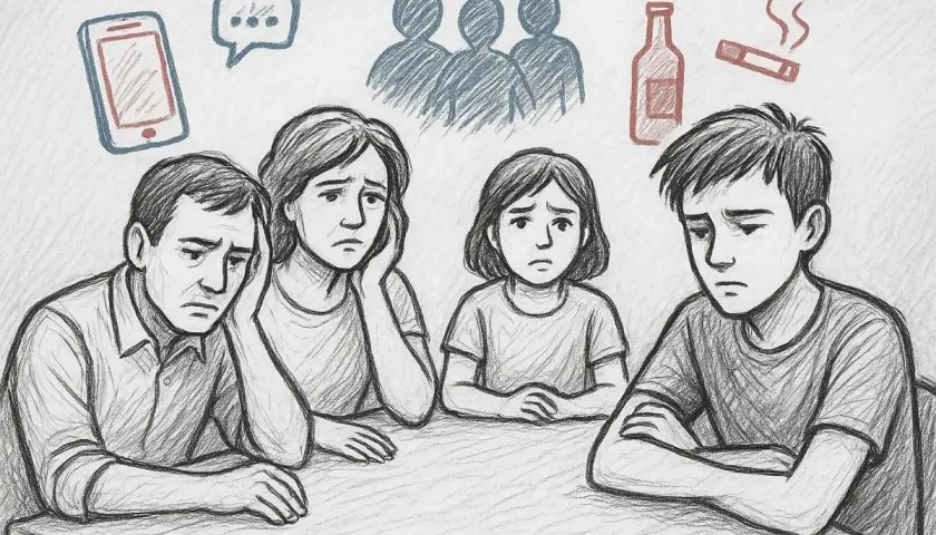 Famiglia triste, con simboli di dipendenza (telefono, alcol, sigaretta) e isolamento sociale. Le conseguenze sui figli di tossicodipendenti sono evidenti nel loro volto.