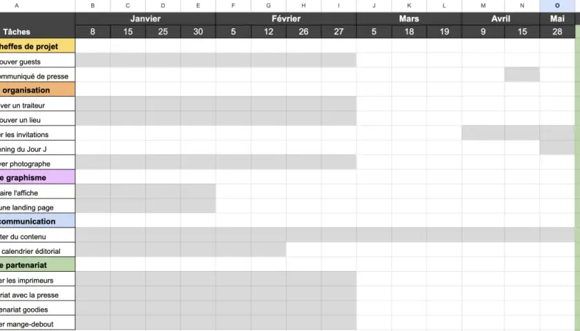 Exemple de rétroplanning pour un événement : gestion des tâches, organisation, graphisme, communication et partenariat de janvier à juin.