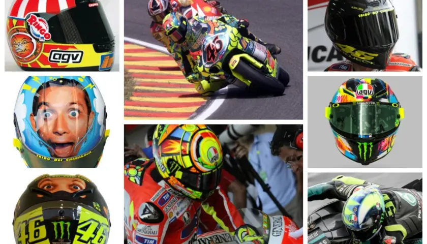 Collage de los **mejores cascos de Valentino Rossi**, con diseños icónicos como el "Ringo" y el rostro de "Tribú dei Chihuahua".