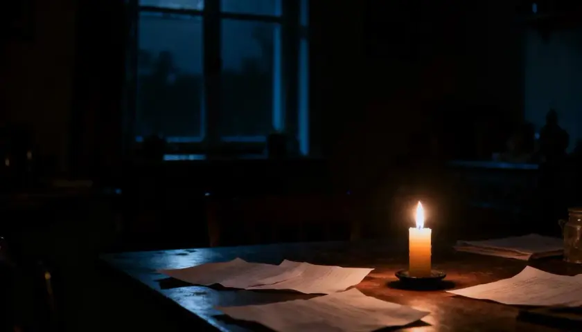 Świeca oświetla dokumenty na stole. W tle widać księżyc przez okno. Czy falownik działa w nocy?