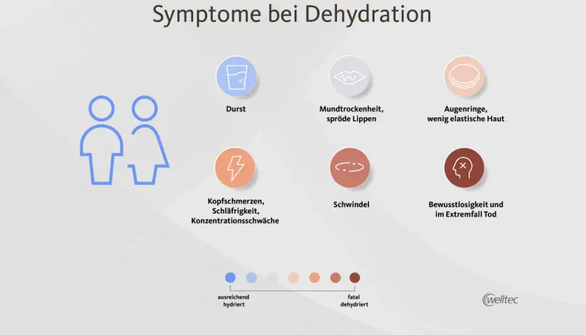 Symptome bei Dehydration: Durst, trockener Mund, Kopfschmerzen, Schwindel, Augenringe, Konzentrationsschwäche. Hautelastizität nimmt ab.