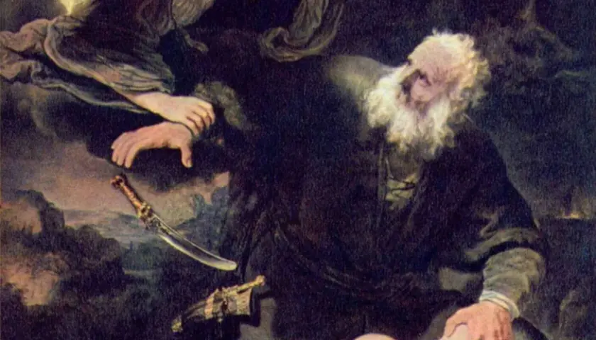 Anioł powstrzymuje rękę Abrahama, by nie złożył w ofierze syna Izaaka. Obok leży nóż.
