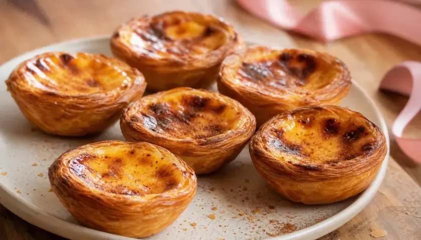 Six délicieux pasteis de nata, dorés et caramélisés, sur une assiette blanche, avec un ruban rose en arrière-plan.