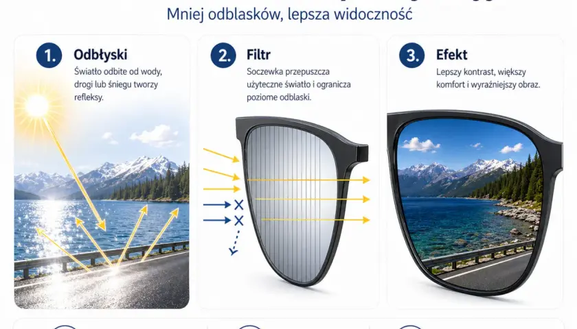 Jak działa polaryzacja okularów? Wyjaśnienie: odbłyski, filtr i efekt. Mniej mrużenia oczu, większy komfort, lepsza widoczność.